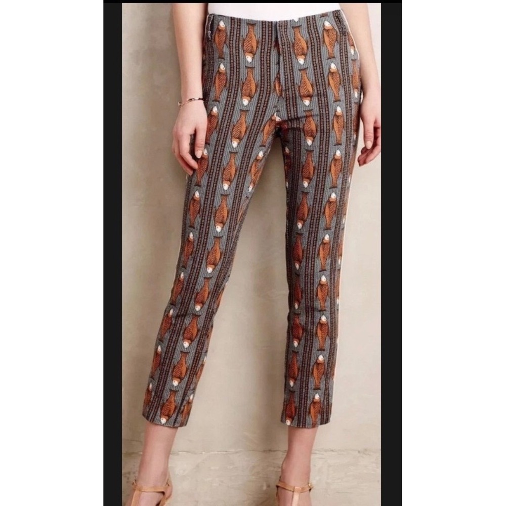 Anthropologie Cartonnier Fish Print Cropped Pants 2 Novelty Tweed Trouser